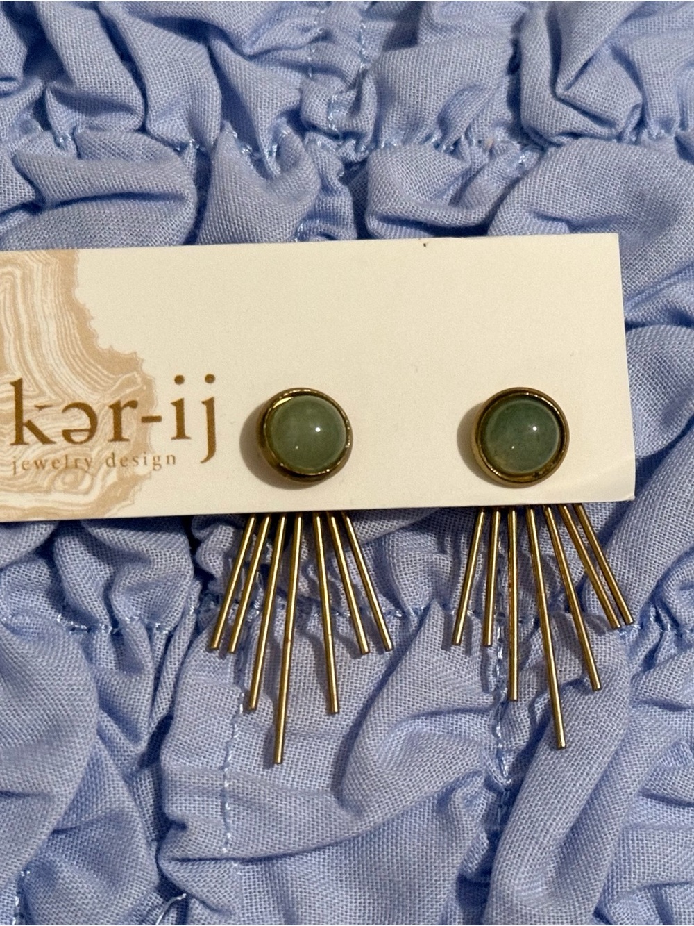 Gold Fan Drop Earrings with Green Stone